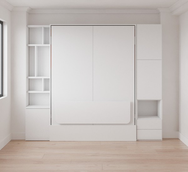 D - Loft Bed Queen Size with Table, Wardrobe and Bookcase Set