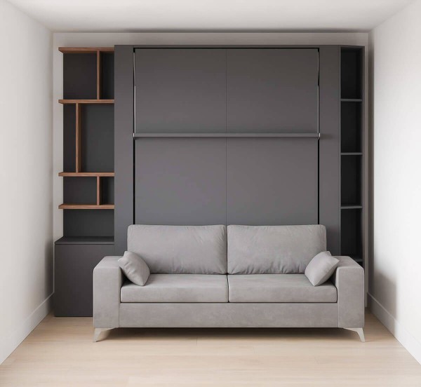 D - Nova Queen Wall Bed with Sectional Sofa and Bookcase Set