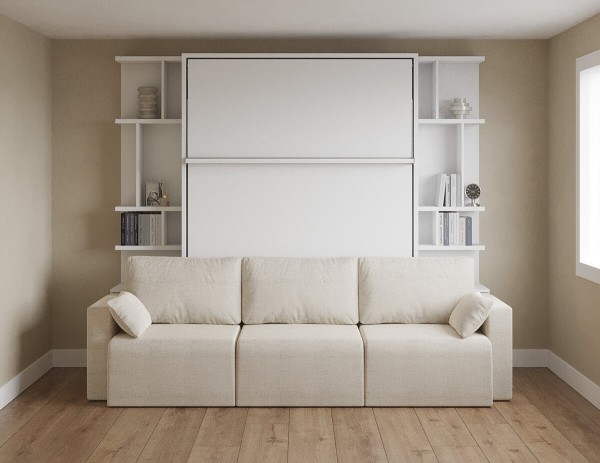 D - ROYAL Queen Wall Bed with Sectional Sofa and Bookcase Set