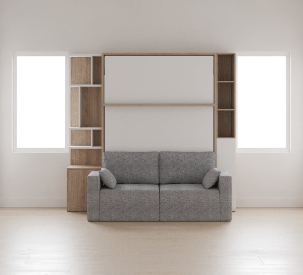D - ROYAL Queen Wall Bed with Sectional Sofa and Bookcases