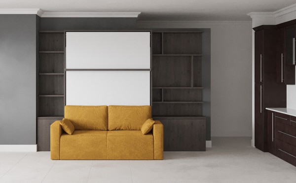 D - ROYAL Queen Wall Bed with Sectional Sofa and Bookcase