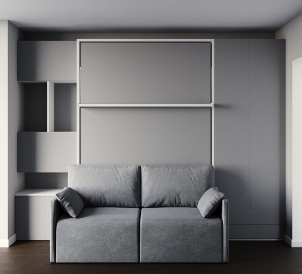 D - Royal Full / Full XL Wall Bed with Sectional Sofa, Wardrobe and Bookcases