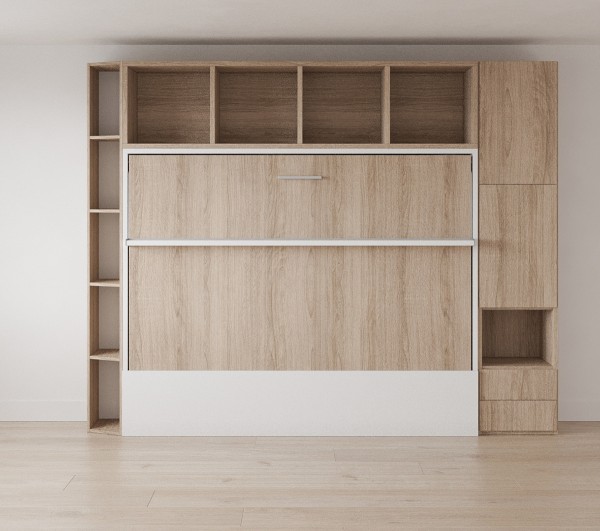 D - Royal Horizontal Queen Wall Bed with Wardrobe and Bookcases