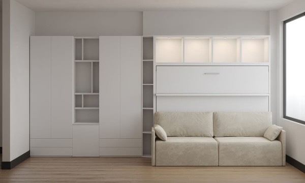 D - Royal Horizontal Queen Wall Bed with Sectional Sofa Bookcase and Wardrobe