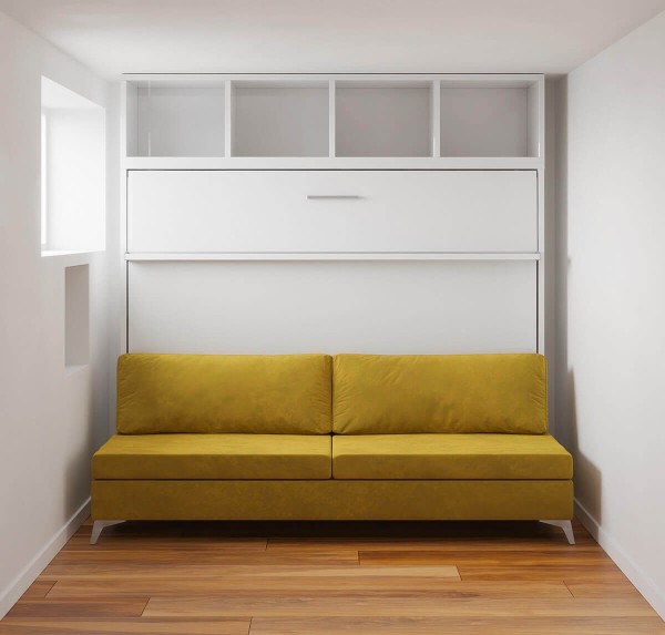 D - Royal Horizontal Queen Wall Bed with Sectional Sofa and Bookcase