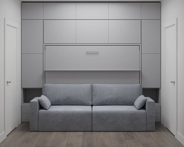 D - Royal Horizontal Queen Wall Bed with Sectional Sofa and Convertible Wardrobes