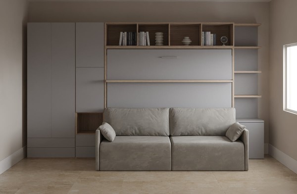 D - Royal Horizontal Queen Wall Bed with Wardrobe and Bookcase Set