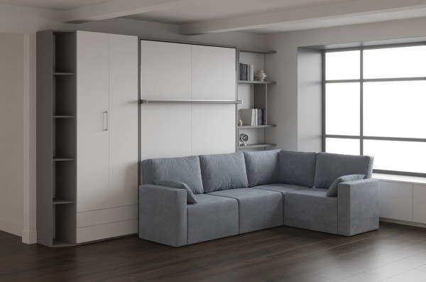 D - Royal King Murphy Bed with Sectional Sofa, Wardrobe and Bookcase
