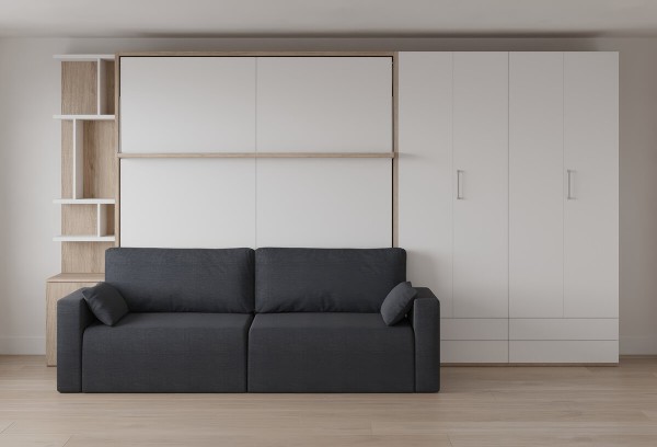 D - Royal King Murphy Bed with Sectional Sofa, Wardrobe and Bookcase