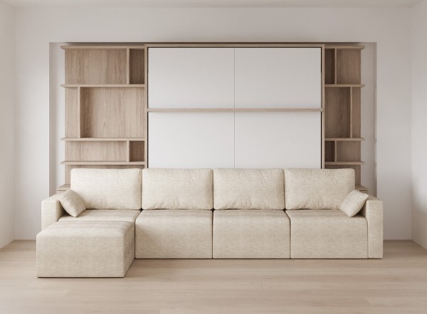 D - Royal King Murphy Bed with Sectional Sofa and Bookcases