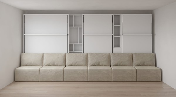 D - Royal Queen, Twin Wall Bed with Sectional Sofa and Bookcase