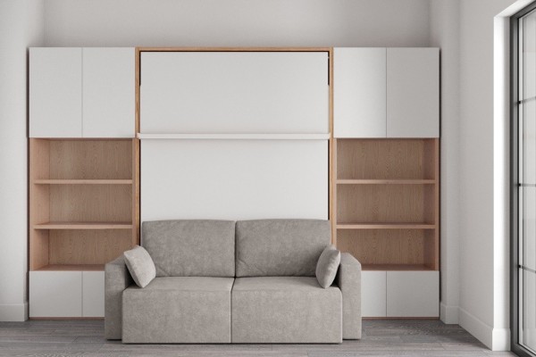 D - ROYAL Queen Wall Bed with Sectional Sofa and Bookcase Set