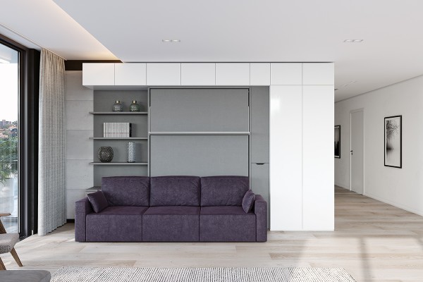 D - ROYAL Queen Wall Bed with Sectional Sofa and Bookcase Set