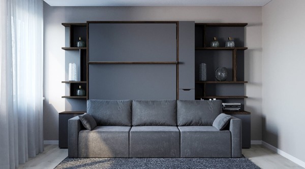 D - ROYAL Queen Wall Bed with Sectional Sofa and Bookcase Set