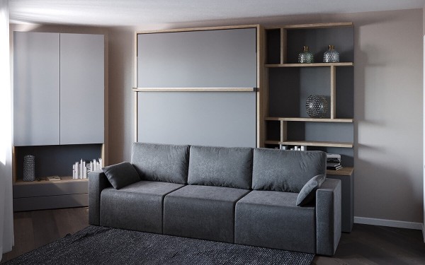 D - ROYAL Queen Wall Bed with Sectional Sofa and Bookcase Set