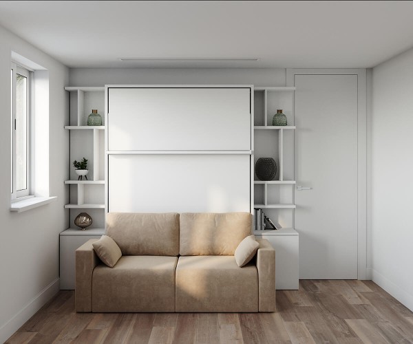 D - ROYAL Queen Wall Bed with Sectional Sofa and Bookcase Set
