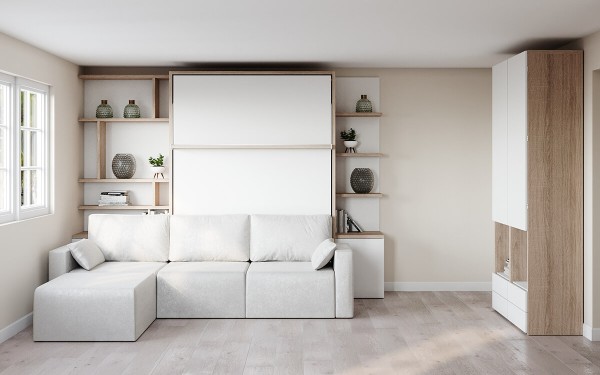 D - ROYAL Queen Wall Bed with Sectional Sofa and Bookcase Set