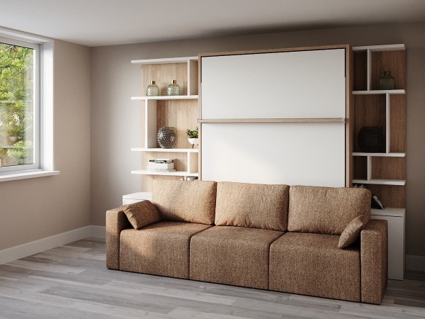 D - ROYAL Queen Wall Bed with Sectional Sofa and Bookcase Set