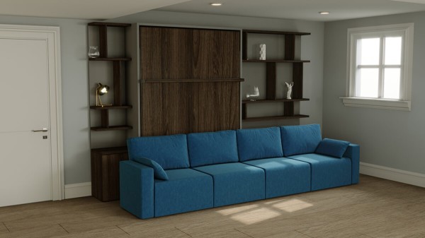 D - ROYAL Queen Wall Bed with Sectional Sofa and Bookcase Set