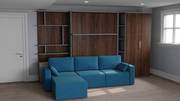 D - ROYAL Queen Wall Bed with Sectional Sofa and Bookcase Set