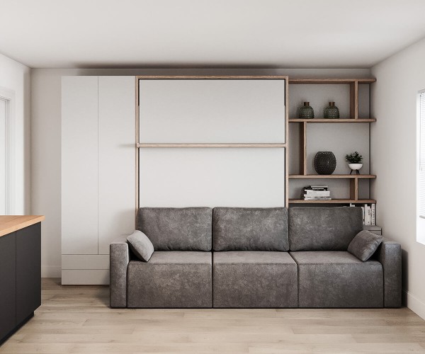 D - ROYAL Queen Wall Bed with Sectional Sofa and Bookcase Set