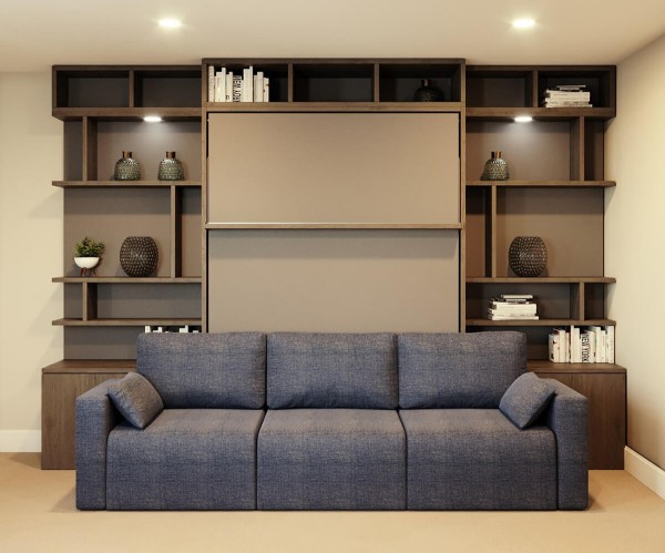 D - ROYAL Queen Wall Bed with Sectional Sofa and Bookcase Set