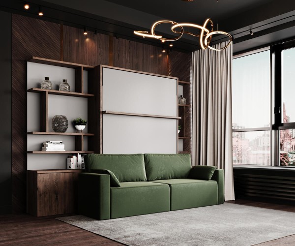 D - ROYAL Queen Wall Bed with Sectional Sofa and Bookcase Set