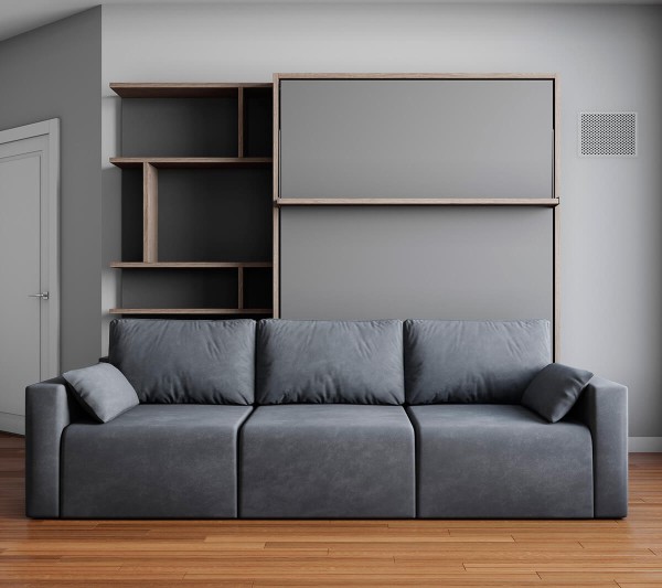 D - ROYAL Queen Wall Bed with Sectional Sofa and Bookcase Set