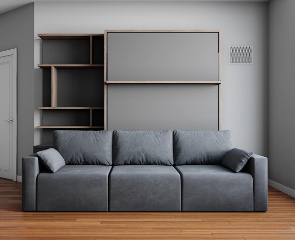 D - ROYAL Queen Wall Bed with Sectional Sofa and Bookcase Set