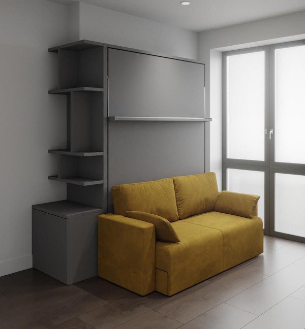 D - ROYAL Queen Wall Bed with Sectional Sofa and Bookcase Set