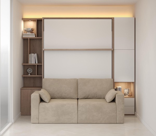 D - ROYAL Queen Wall Bed with Sectional Sofa and Bookcase Set