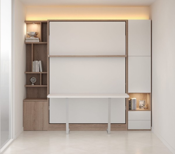 D - ROYAL Queen Wall Bed with Bookcase Set and Self Leveling Desk