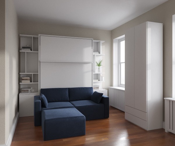 D - ROYAL Queen Wall Bed with Sectional Sofa and Bookcase Set