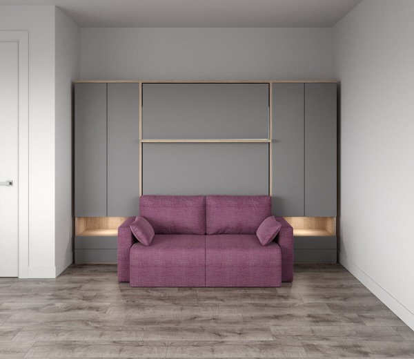 D - ROYAL Queen Wall Bed with Sectional Sofa and Bookcase Set