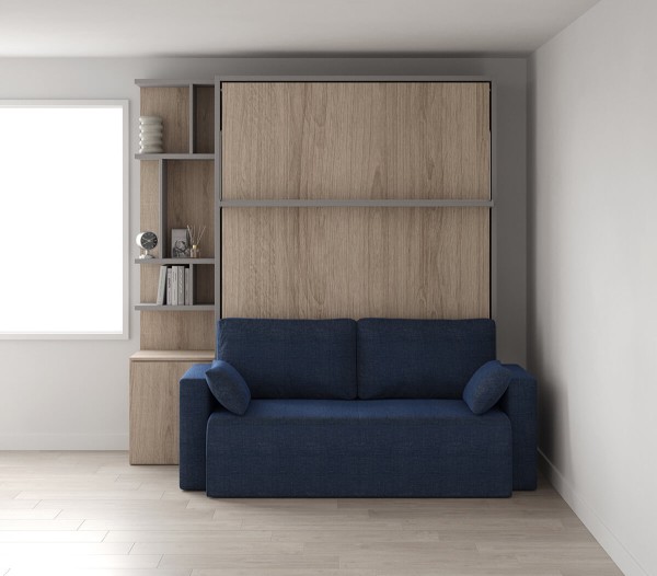D - ROYAL Queen Wall Bed with Sectional Sofa and Bookcase Set