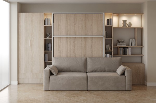 D - ROYAL Queen Wall Bed with Sectional Sofa and Bookcase Set