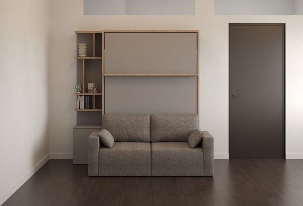 D - ROYAL Queen Wall Bed with Sectional Sofa and Bookcase Set