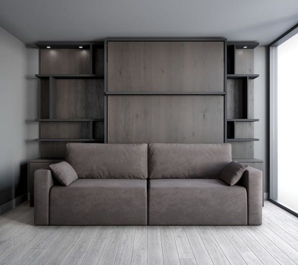 D - ROYAL Queen Wall Bed with Sectional Sofa and Bookcase Set