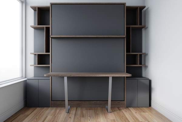 D - ROYAL Queen Wall Bed with Self Leveling Desk and Bookcase Set