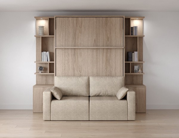 D - ROYAL Queen Wall Bed with Sectional Sofa and Bookcase Set