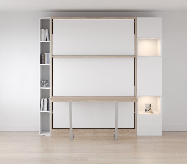 D - ROYAL Queen Wall Bed with Self Leveling Desk and Bookcase Set