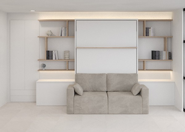 D - ROYAL Queen Wall Bed with Sectional Sofa and Bookcase Set