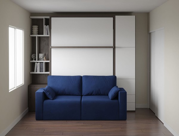 D - ROYAL Queen Wall Bed with Sectional Sofa and Bookcase Set