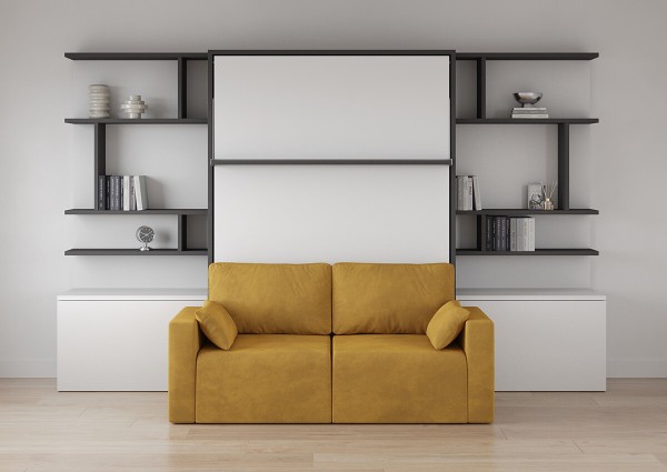 D - ROYAL Queen Wall Bed with Sectional Sofa and Bookcase Set