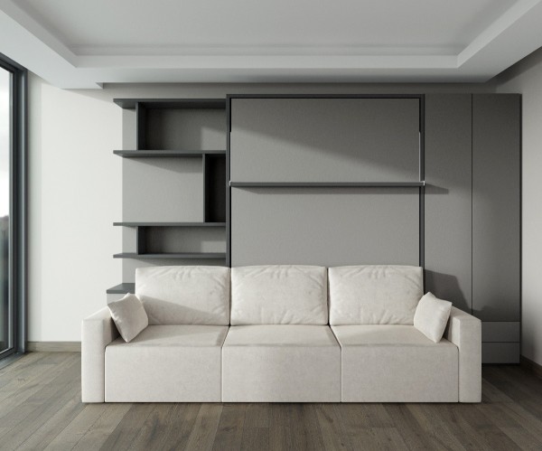 D - ROYAL Queen Wall Bed with Sectional Sofa and Bookcase Set