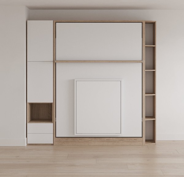 D - ROYAL Queen Wall Bed with Bookcase, Wardrobe and Folding Table