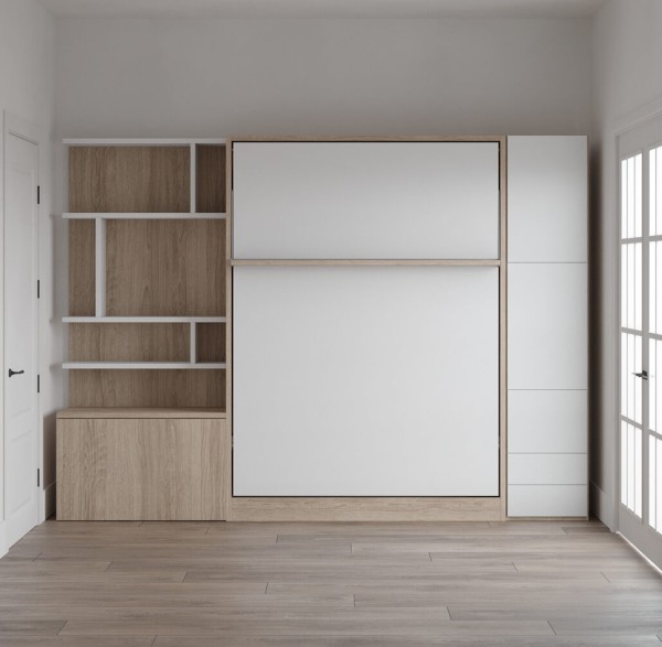 D - Royal Queen Wall Bed with Sectional Sofa, Bookcase and Wardrobe
