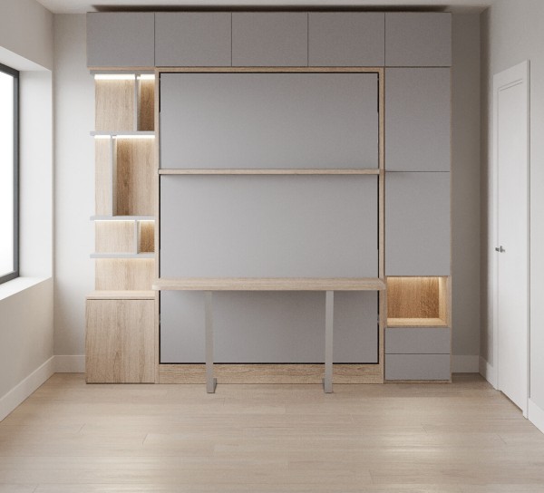 D - Royal Queen Wall Bed with Wardrobes, Bookcase and Desk