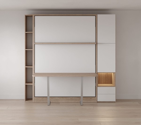 D - Royal Queen Wall Bed with Desk, Wardrobe and Bookcase