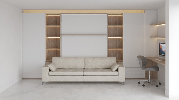 D - ROYAL Queen Wall Bed with Sectional Sofa Bookcase and Wardrobe